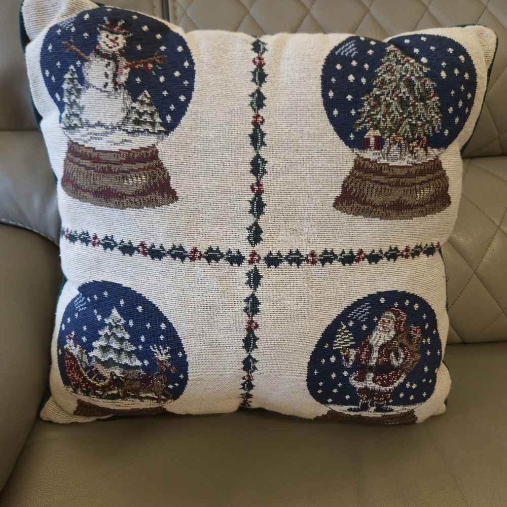 Riverdale Tapestry Christmas Pillow with Snowman, Santa & Evergreen Tree Design